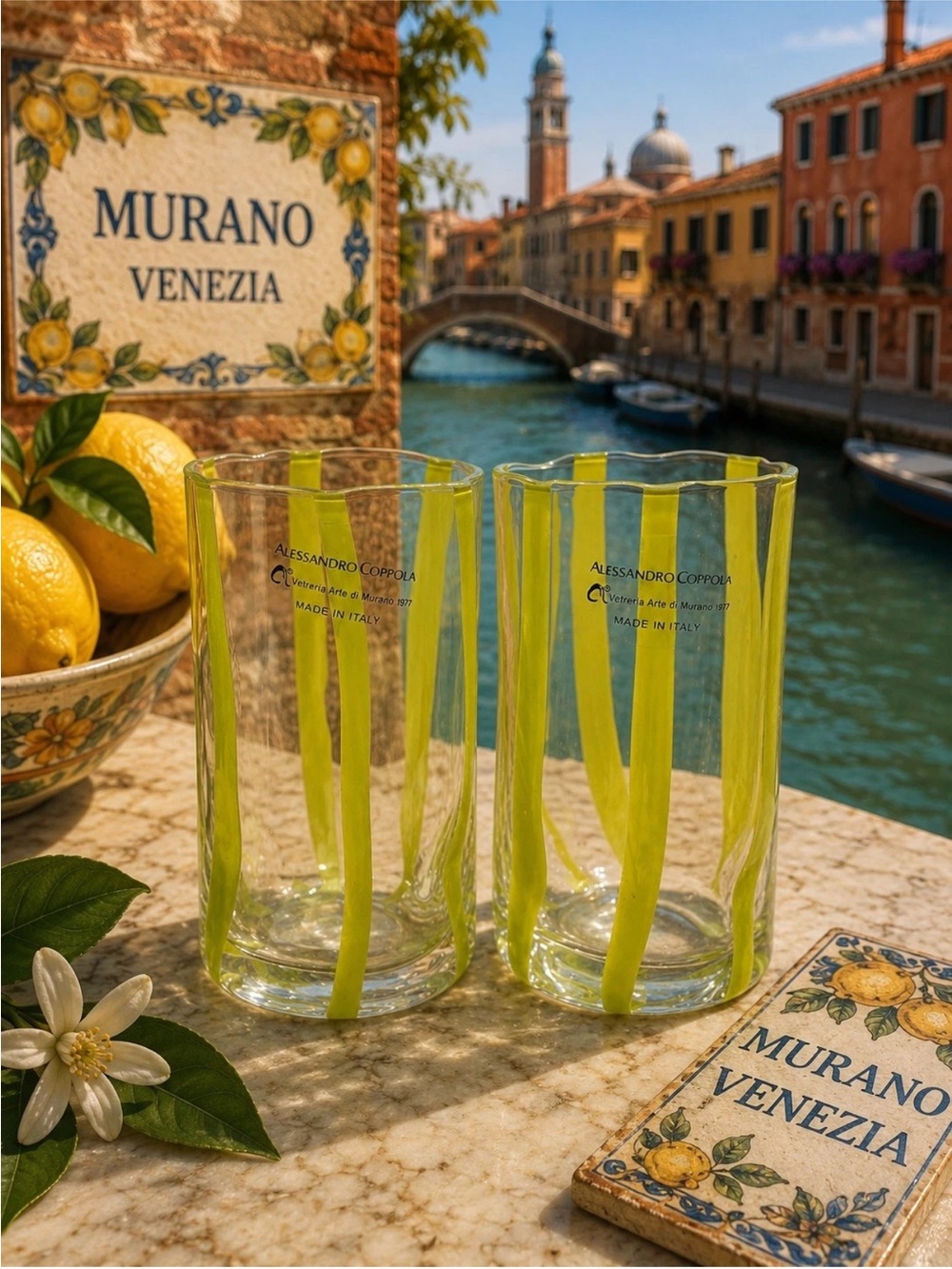 Set of 2 Murano Alessandro Coppola
Yellow 5.75" Indented Glasses